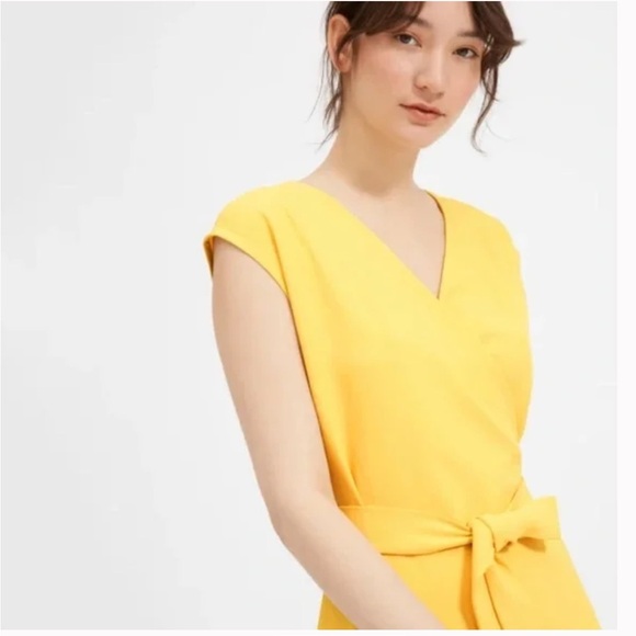 Everlane Women’s Japanese Go Weave Yellow Cap Sleeve Style Wrap Dress Minimalist - Picture 4 of 12